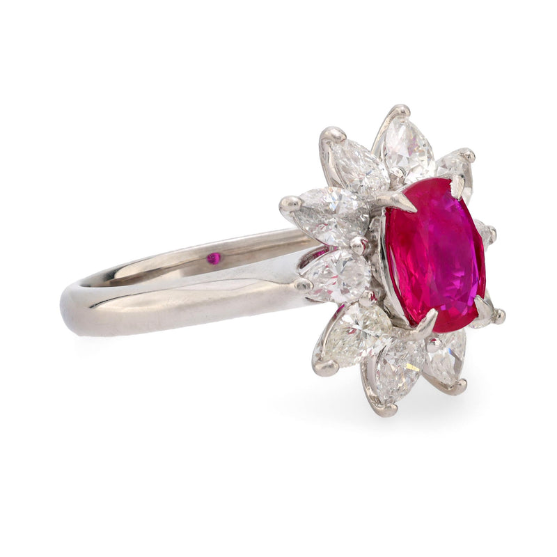 Modern ruby diamond platinum cluster ring