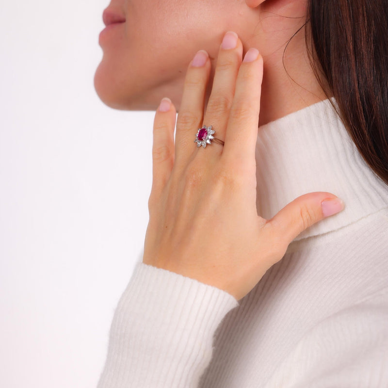 Modern ruby diamond platinum cluster ring