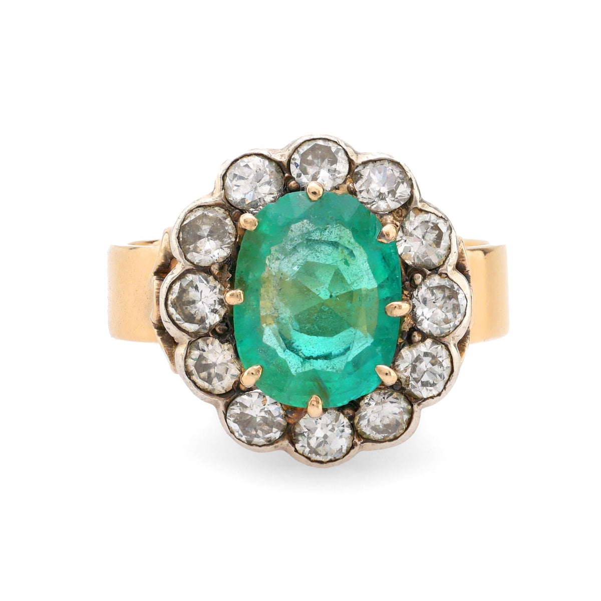 Antique style GIA 1.70 carat emerald diamond 14k yellow gold silver cluster ring