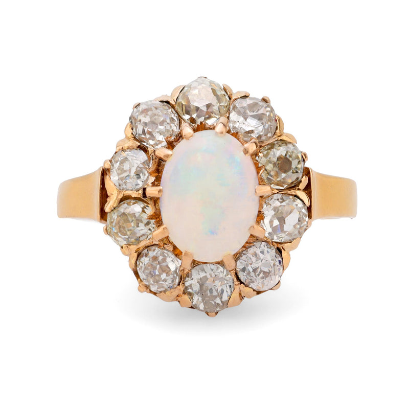 Victorian opal old mine cut diamond 18k yellow gold cluster ring