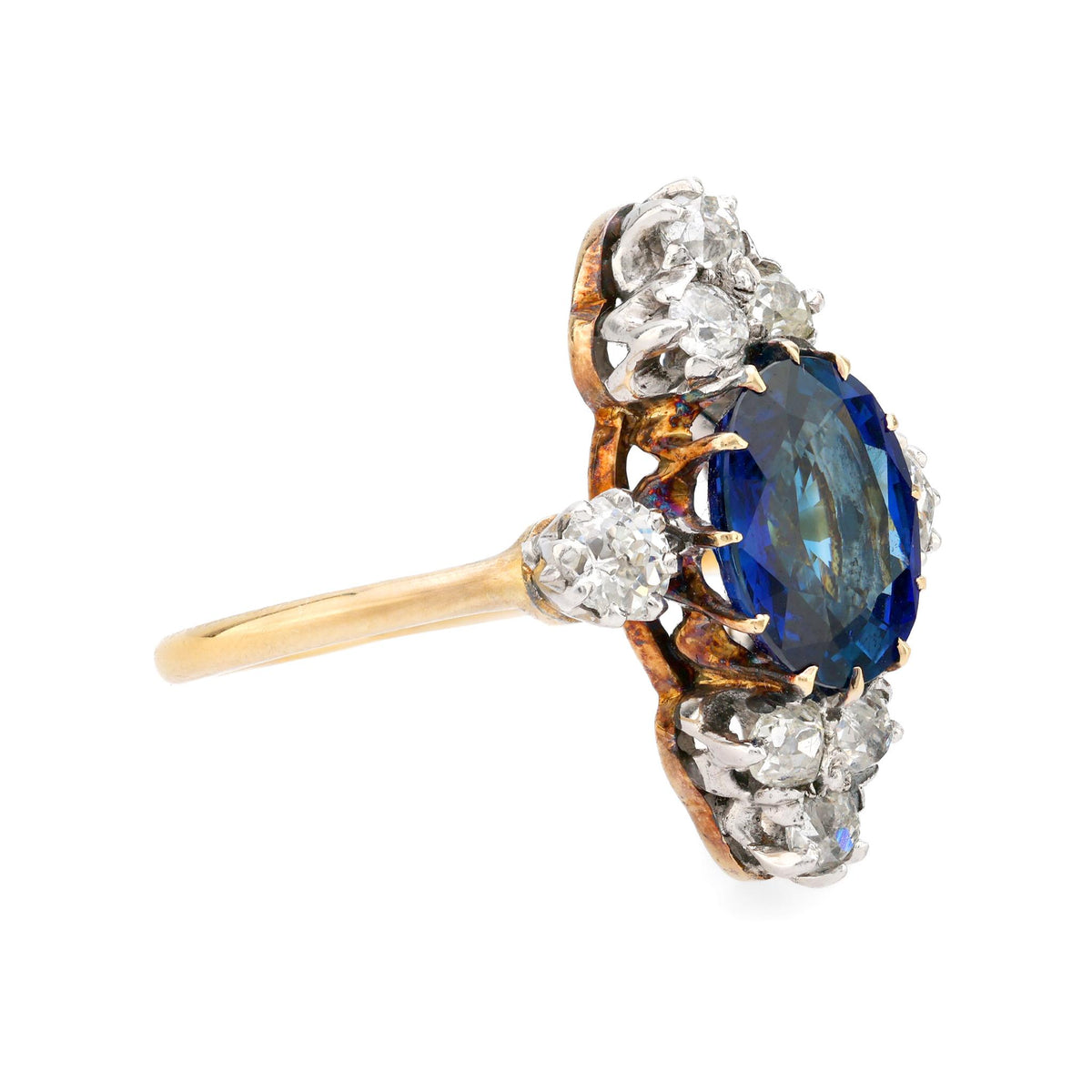 Antique GIA 4 carat sapphire diamond 18k yellow gold cocktail ring