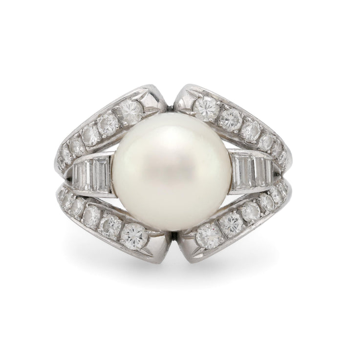 Mid Century pearl diamond platinum cocktail ring