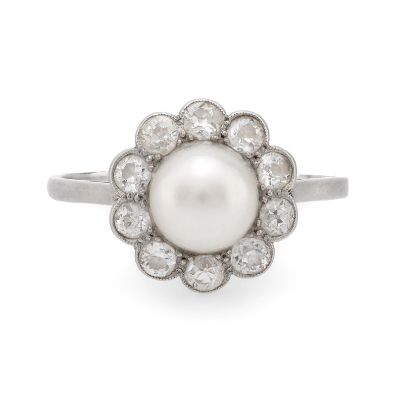 Edwardian natural pearl diamond platinum cluster ring