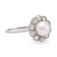 Edwardian natural pearl diamond platinum cluster ring