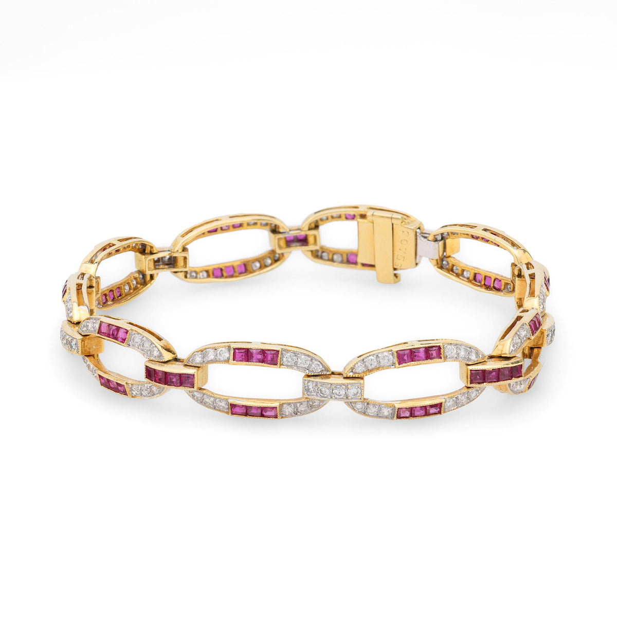 Mid Century ruby diamond 18k yellow gold bracelet