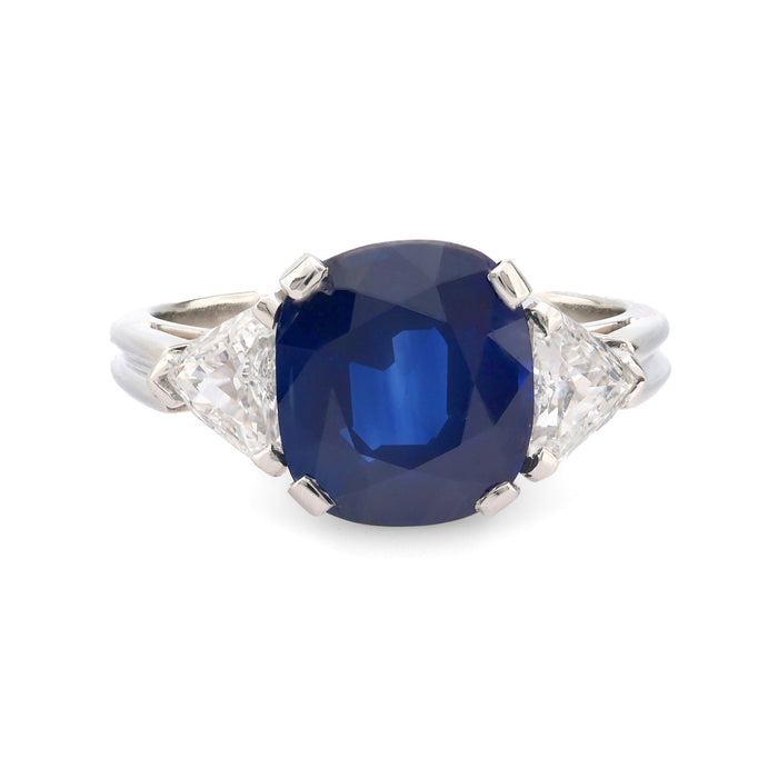 GIA 3.42 carat cushion cut sapphire diamond platinum three stone ring