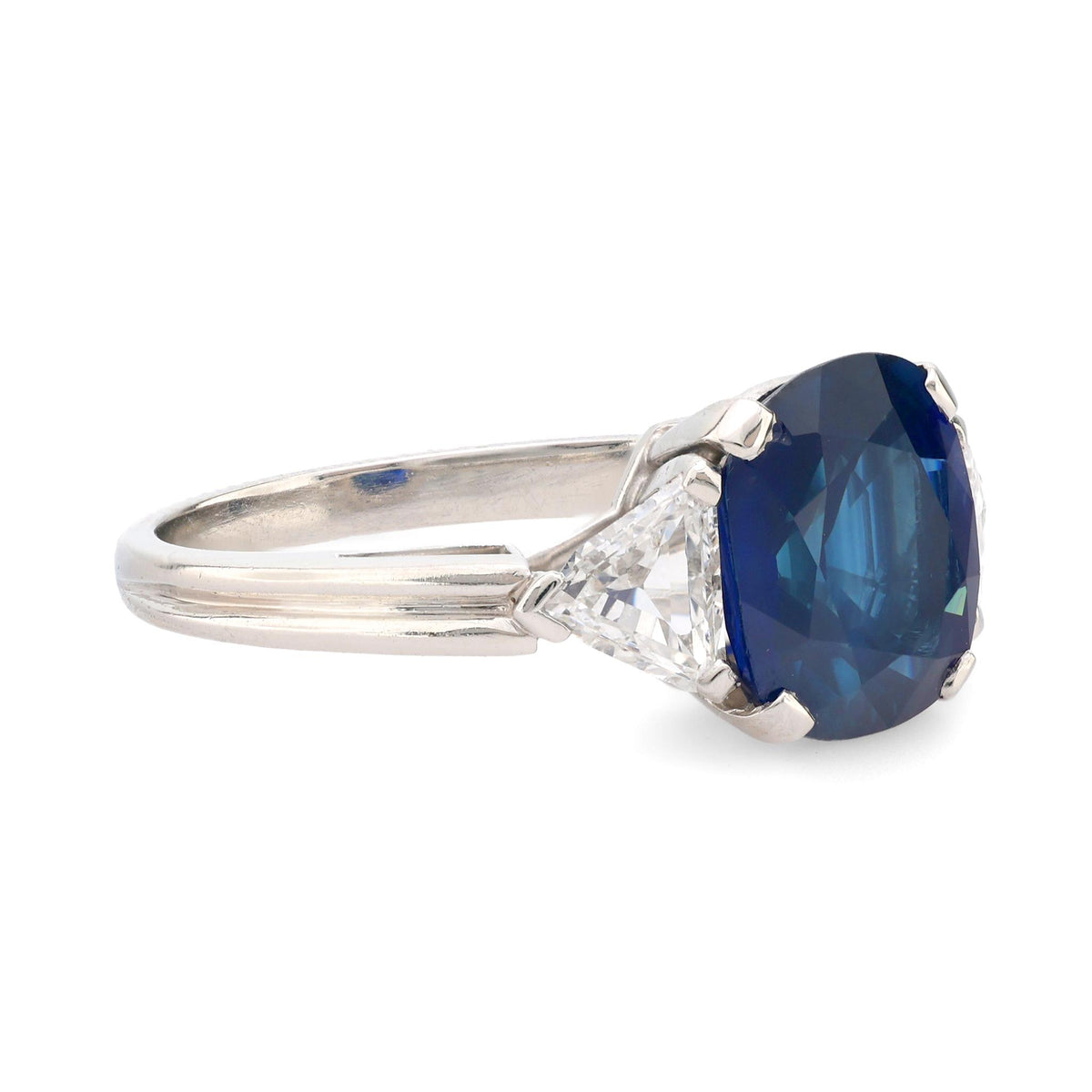 GIA 3.42 carat cushion cut sapphire diamond platinum three stone ring