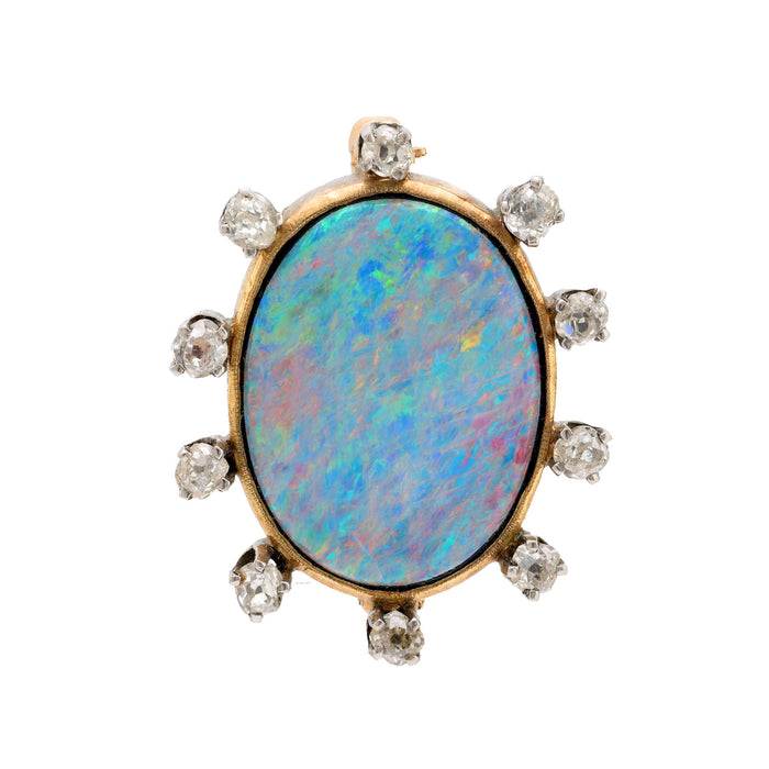 Antique 4.90 carat doublet opal diamond 18k yellow gold brooch