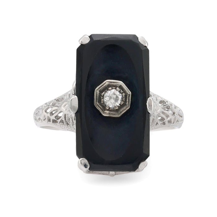 Art Deco old European cut diamond onyx 14k white gold ring