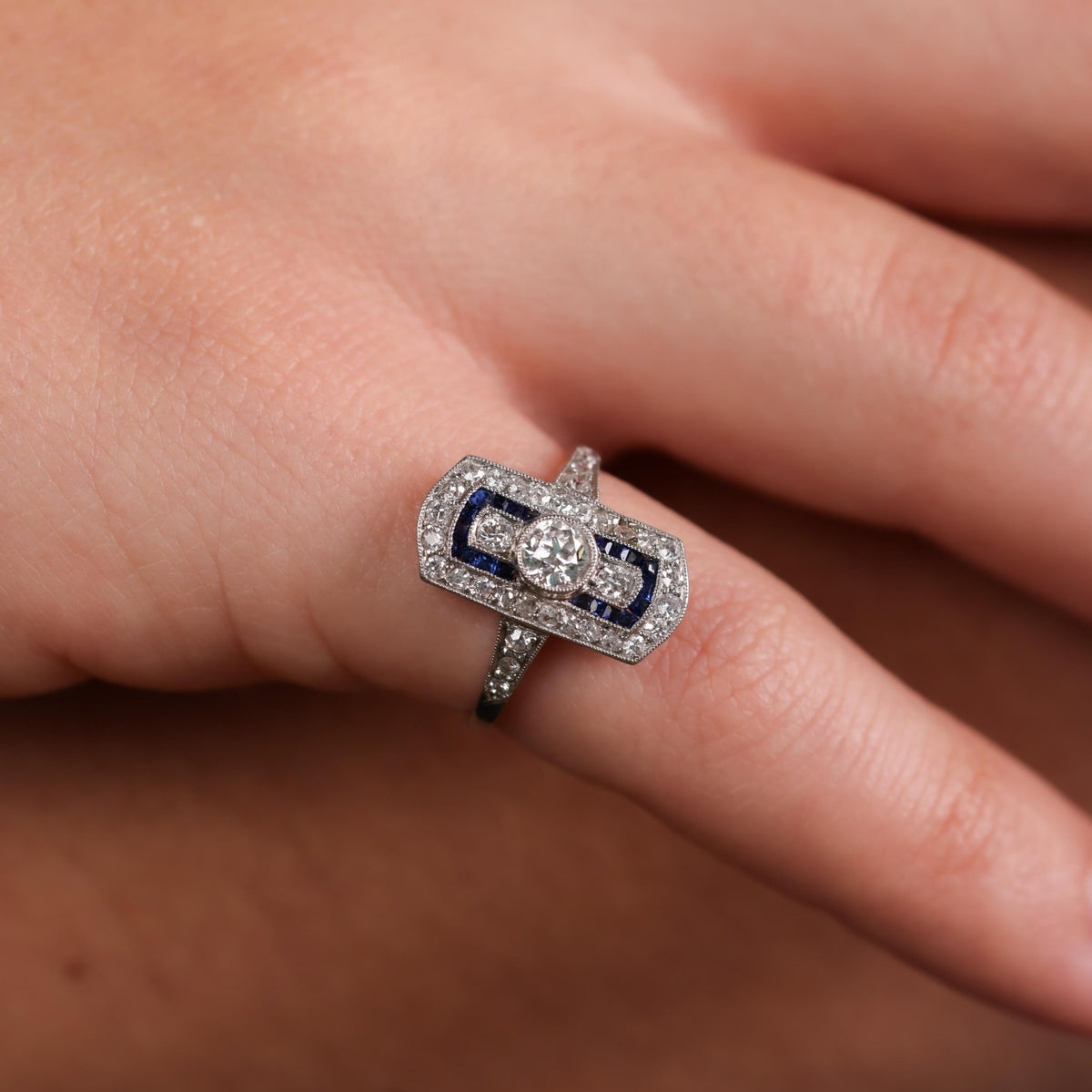 Art Deco platinum diamond sapphire ring