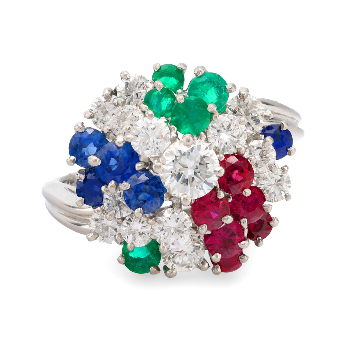 J.E. Caldwell platinum diamond sapphire ruby emerald cluster ring