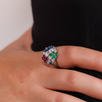 J.E. Caldwell platinum diamond sapphire ruby emerald cluster ring