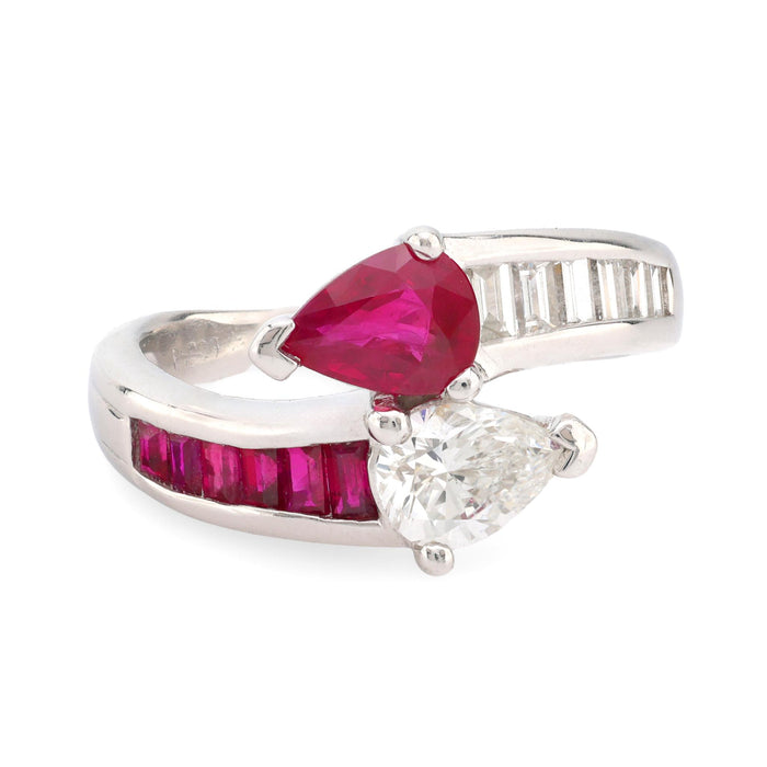 Vintage toi et moi platinum ruby and diamond ring