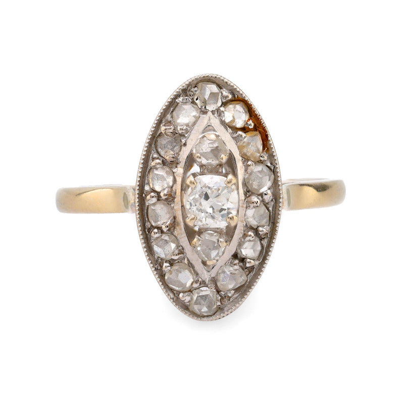 Victorian French diamond 18k white gold navette ring