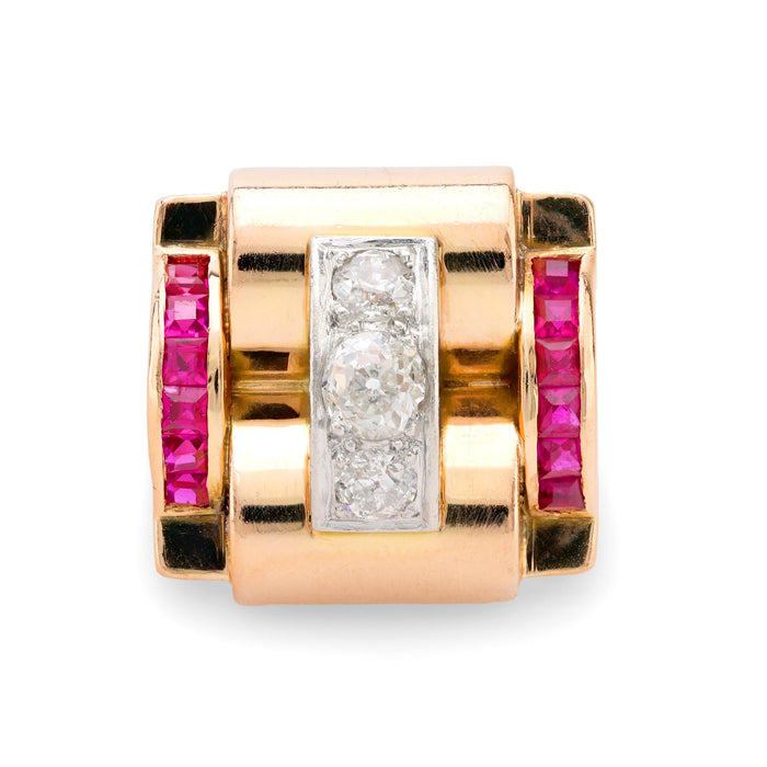 French retro 18k rose gold diamond synthetic ruby tank ring