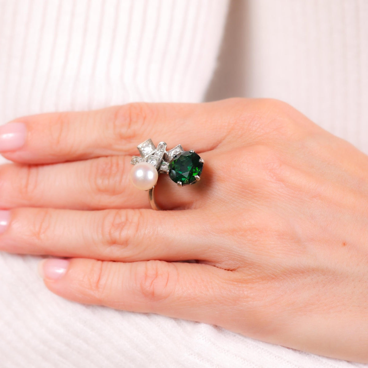 Mid Century French 4.60 carat green tourmaline pearl diamond 18k gold ring