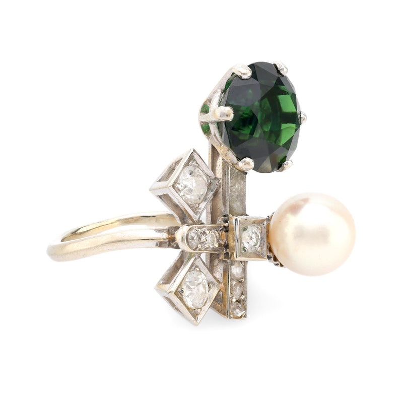 Mid Century French 4.60 carat green tourmaline pearl diamond 18k gold ring