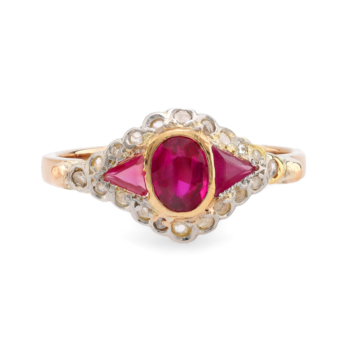 Antique synthetic ruby diamond 18k yellow gold ring