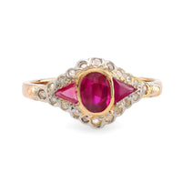 Antique synthetic ruby diamond 18k yellow gold ring