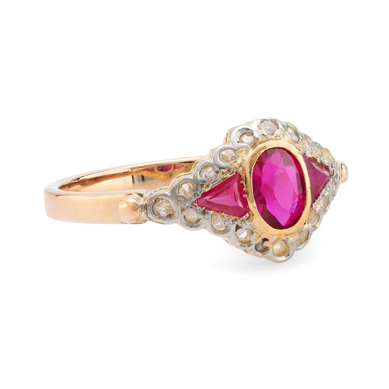 Antique synthetic ruby diamond 18k yellow gold ring