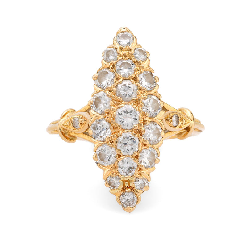 Mid-Century 18k yellow gold diamond navette ring