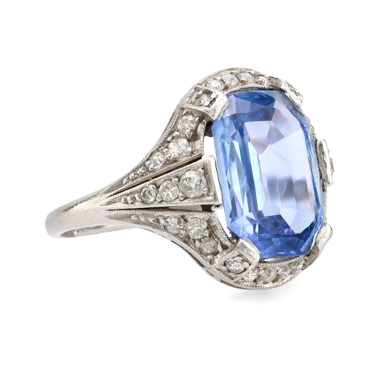 Art Deco French GIA 3.20 carat no heat sapphire diamond platinum ring