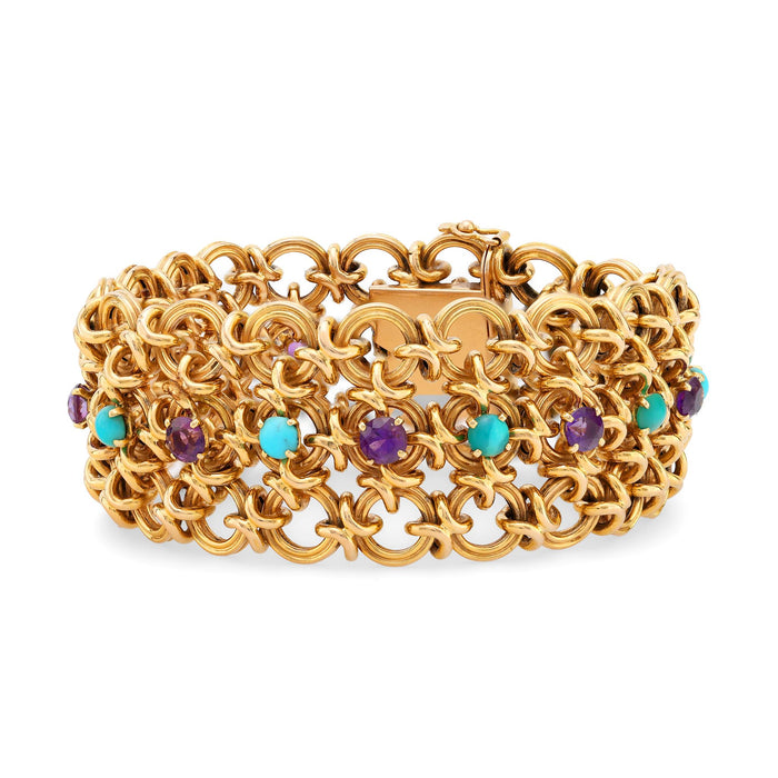 French retro turquoise amethyst 18k yellow gold bracelet