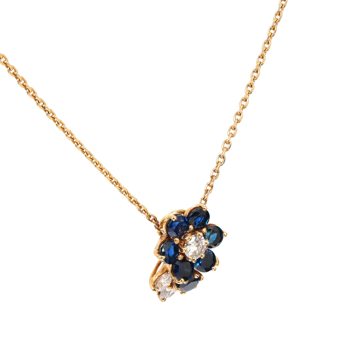 Mauboussin French sapphire diamond 18k yellow gold flower necklace