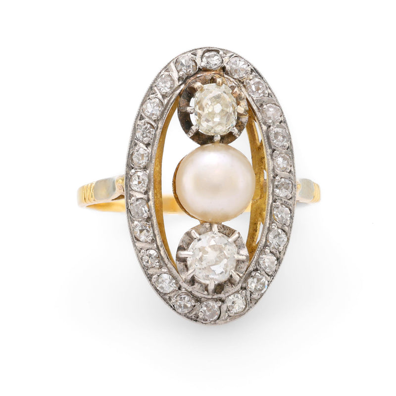 Belle Époque French natural pearl diamond 18k yellow gold ring