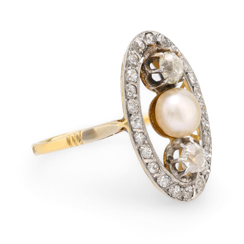 Belle Époque French natural pearl diamond 18k yellow gold ring