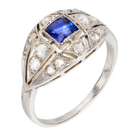 Art Deco French sapphire diamond 18k white gold ring