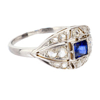 Art Deco French sapphire diamond 18k white gold ring