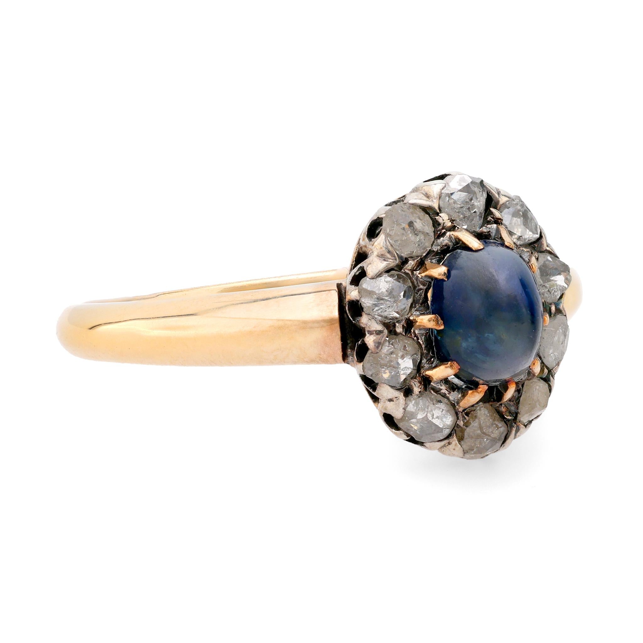 Antique French cabochon sapphire diamond 18k yellow gold silver cluster ring