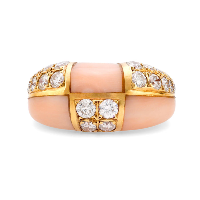 Van Cleef & Arpels French diamond pink coral 18k yellow gold ring