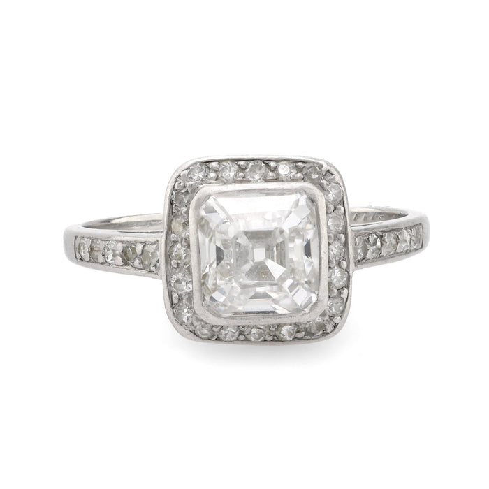 Art Deco old Asscher cut diamond platinum halo ring