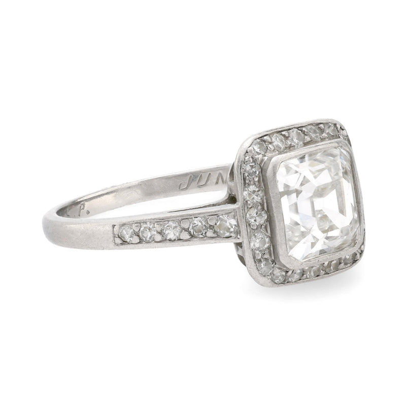 Art Deco old Asscher cut diamond platinum halo ring