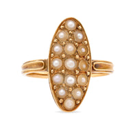 Victorian French seed pearl 18k yellow gold navette ring