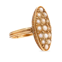 Victorian French seed pearl 18k yellow gold navette ring