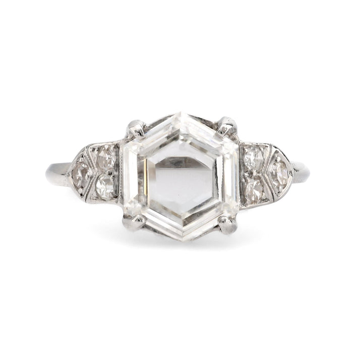 GIA Art Deco 2.17 carat hexagonal cut diamond platinum engagement ring