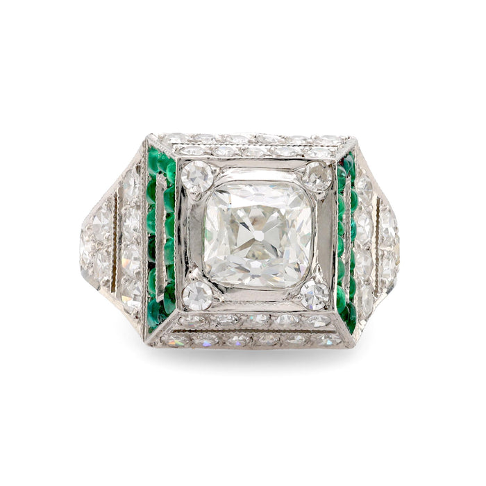 Art Deco GIA 1.51 carat old mine diamond emerald platinum ring