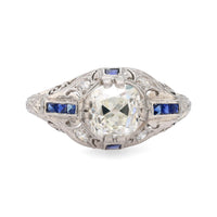 Art Deco GIA 1.14 carat old mine cut diamond sapphire platinum ring