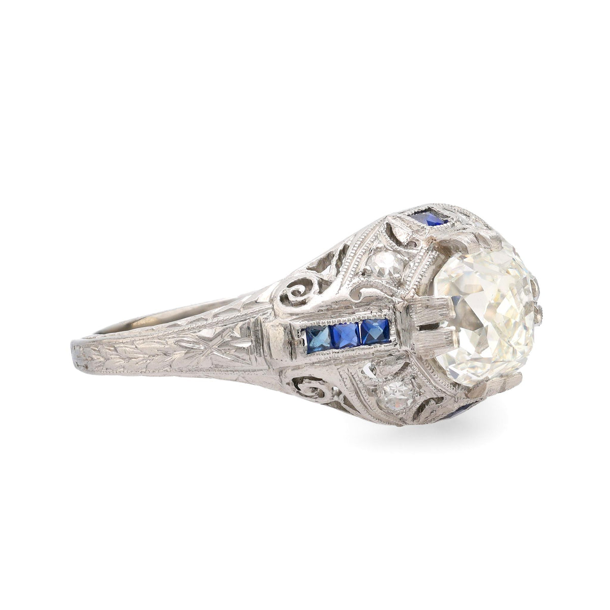 Art Deco GIA 1.14 carat old mine cut diamond sapphire platinum ring