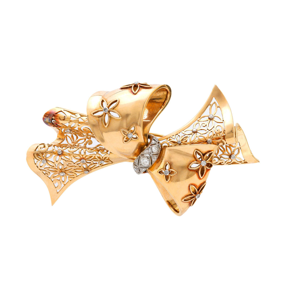 Retro French diamond 18k yellow gold ribbon brooch