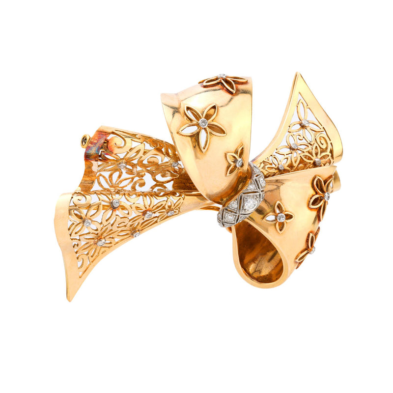 Retro French diamond 18k yellow gold ribbon brooch