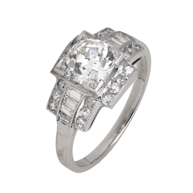 Art Deco French GIA 1.33 carat diamond platinum ring