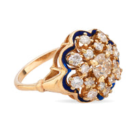 Vintage 1.70 carat total weight diamond 14k yellow gold enamel flower ring