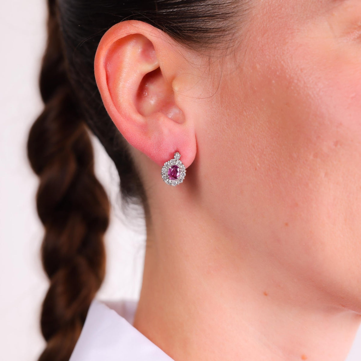 Modern pink sapphire diamond platinum cluster earrings