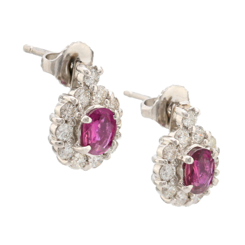 Modern pink sapphire diamond platinum cluster earrings