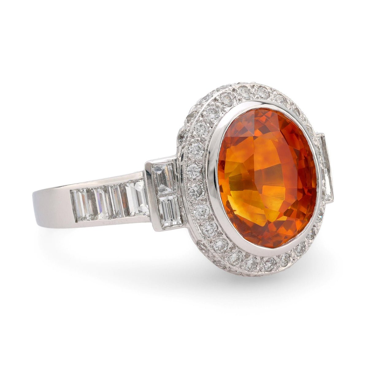 GIA 7.5 carat orange sapphire diamond platinum cocktail ring