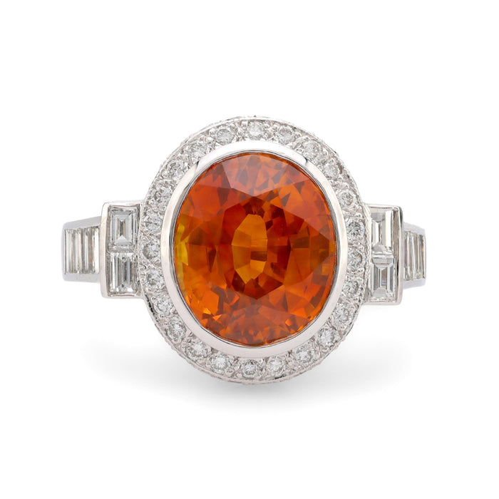 GIA 7.5 carat orange sapphire diamond platinum cocktail ring